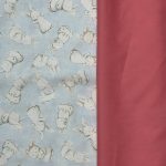 Blue with white bunnies combine with coral